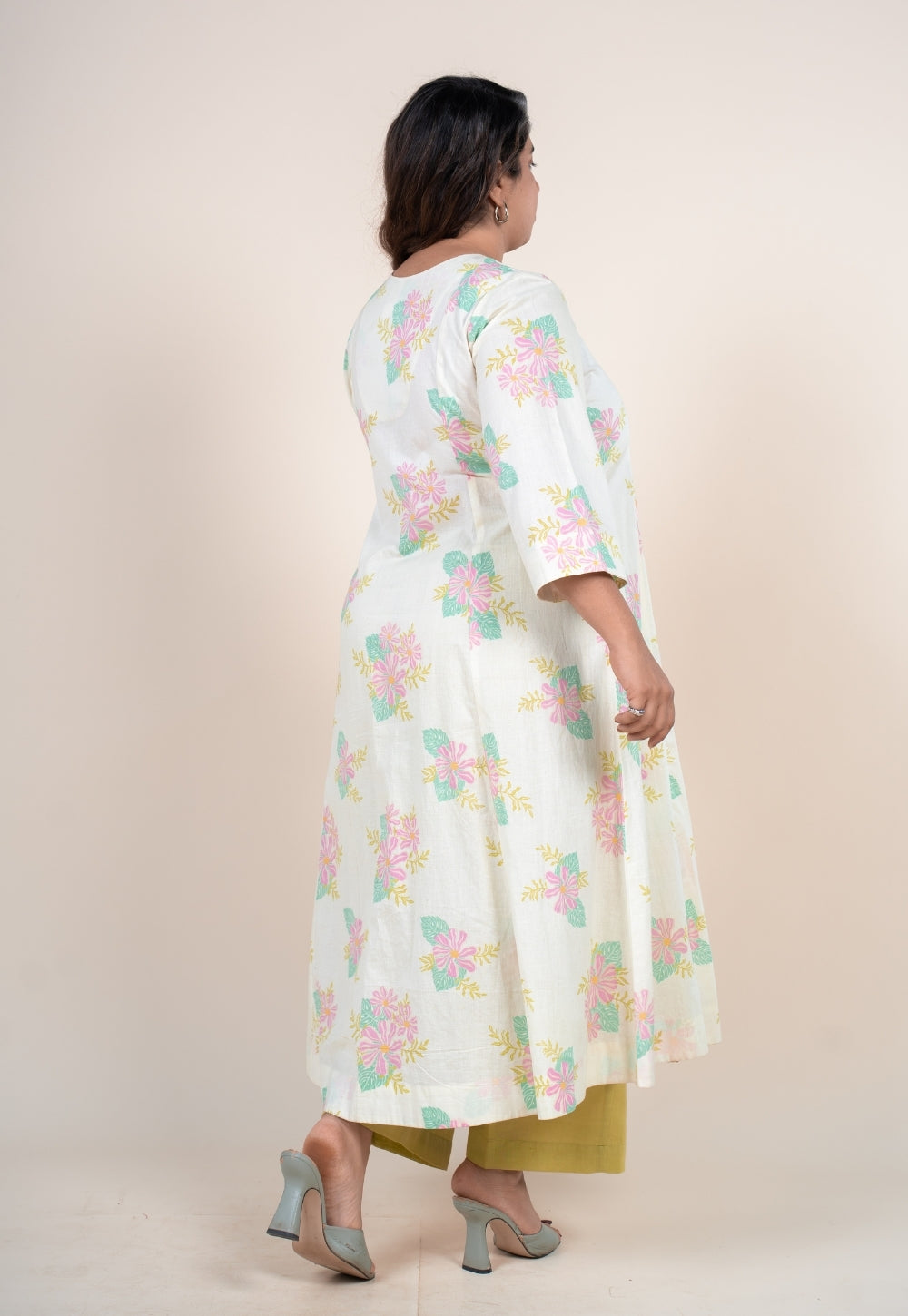 Raaya Off White Printed Cotton Kali Kurta