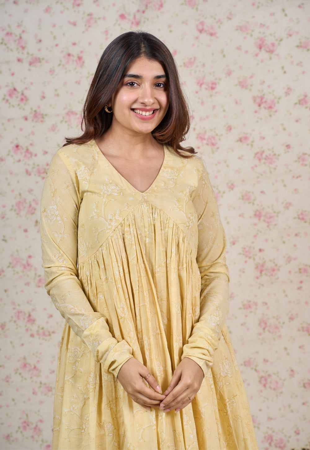 Amy Yellow Sanganeri Mul Cotton A Line Kurta