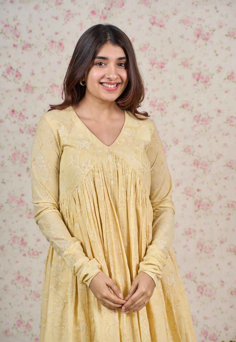 Amy Yellow Sanganeri Mul Cotton A Line Kurta