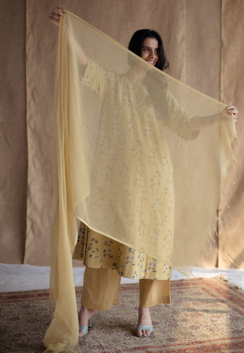 Yashi Yellow Solid Slub Cotton Straight Pant
