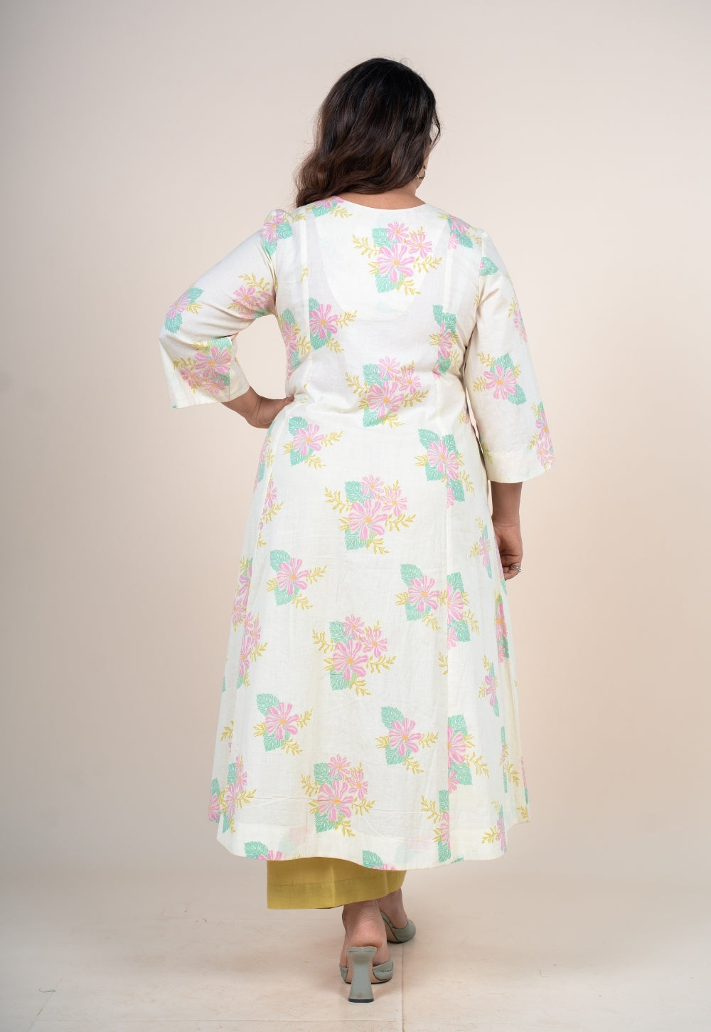 Raaya Off White Printed Cotton Kali Kurta