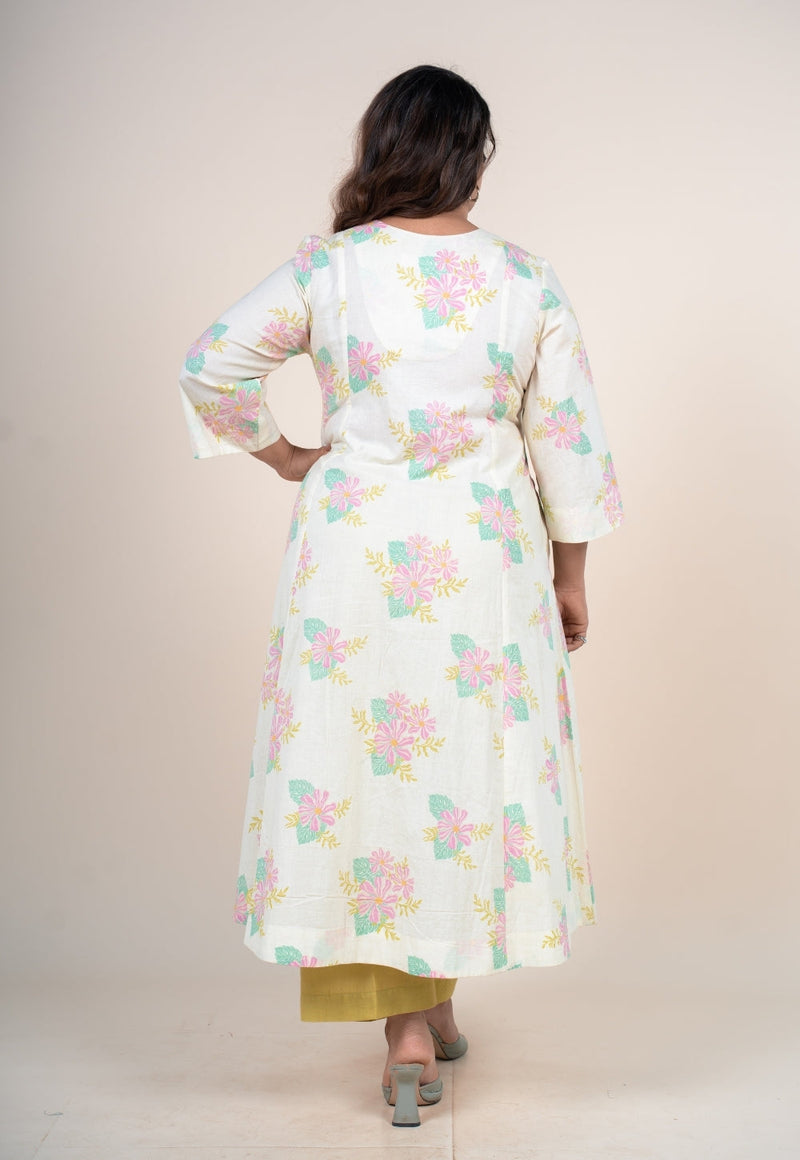 Raaya Off White Printed Cotton Kali Kurta