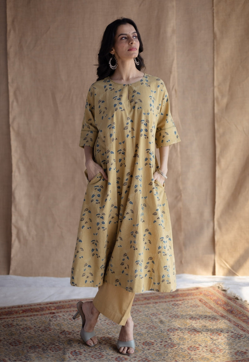Yashi Yellow Solid Slub Cotton Straight Pant