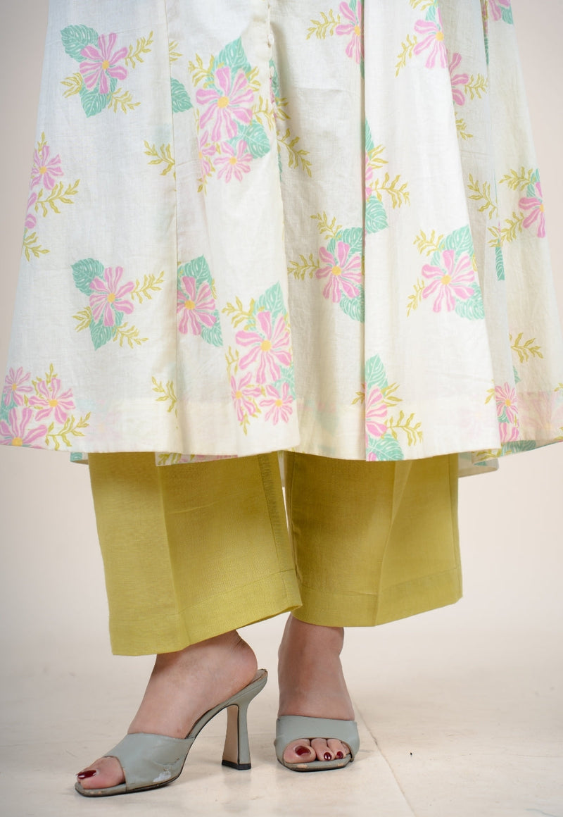 Yashi Lime Green Solid Cotton Flex Straight Pant