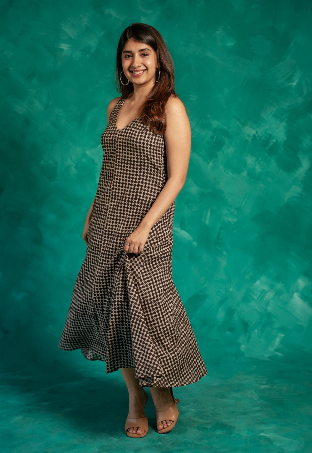 Mizoya Black Bagru Cotton A Line Dress