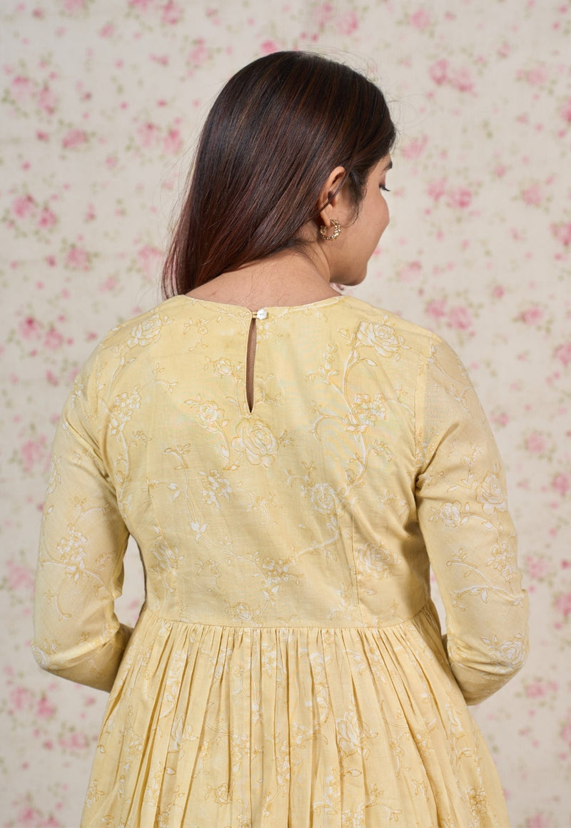 Amy Yellow Sanganeri Mul Cotton A Line Kurta