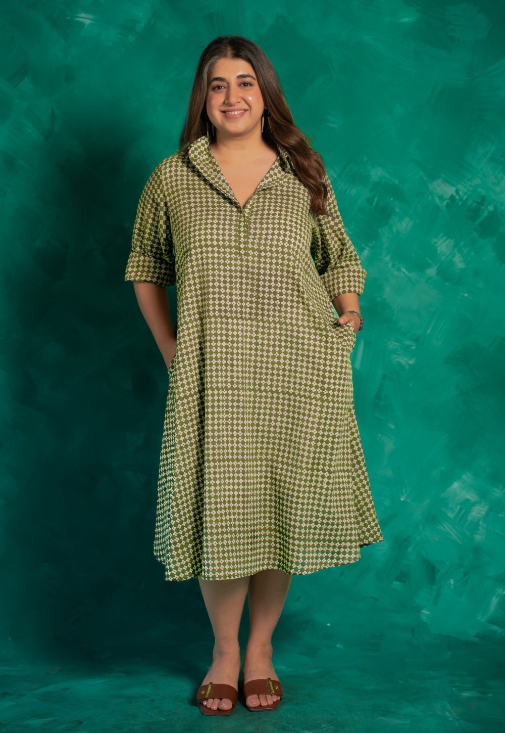 Aveera Green Bagru Cotton A Line Dress with Slip