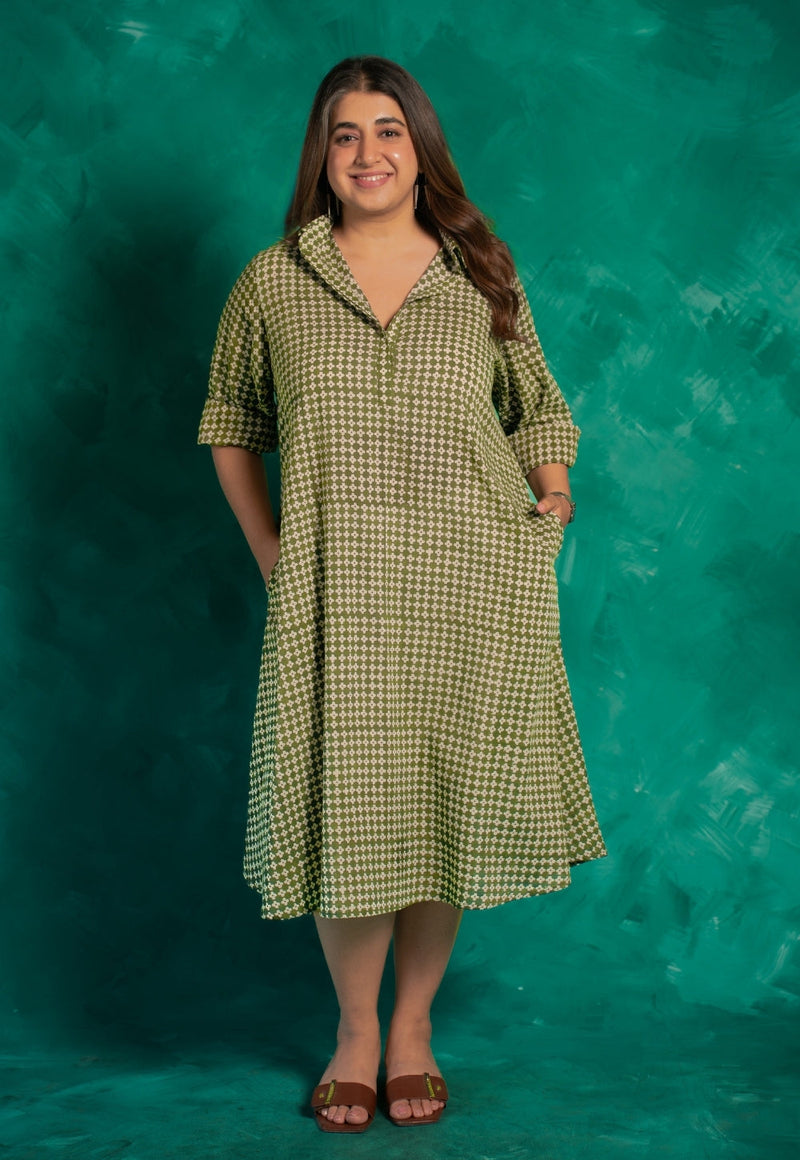 Aveera Green Bagru Cotton A Line Dress with Slip