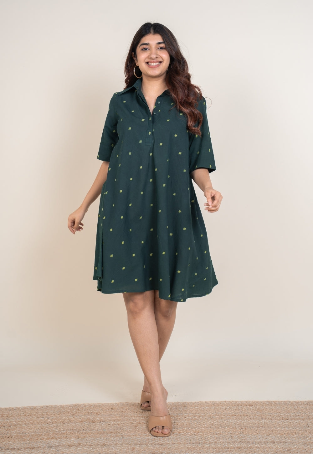 Srisha Green Dabu Cotton A Line Dress