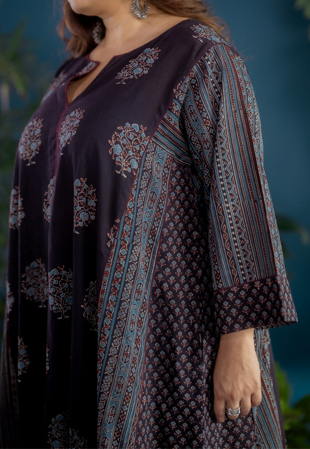 Garima Black Ajrakh Cotton Jhabbha Kali Kurta with Hand Embroidery