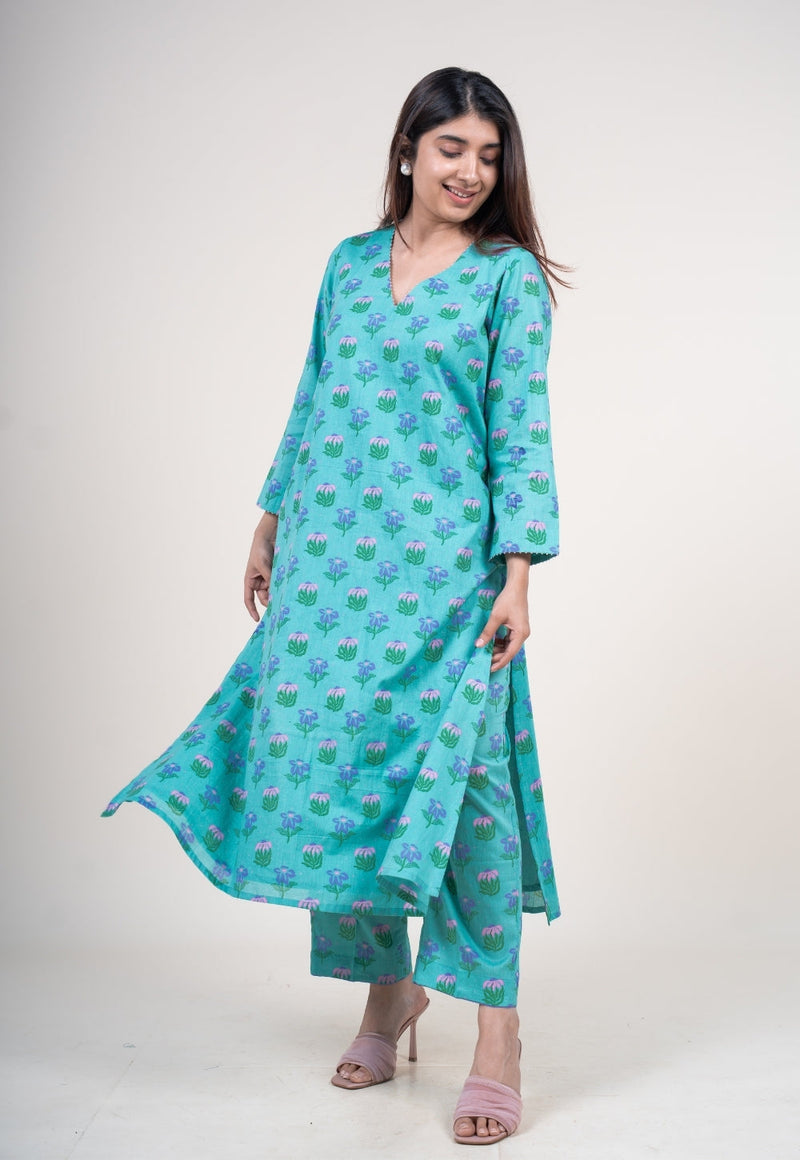 Reva Mint Green Printed Mul A Line Kurta with Hand Embroidery