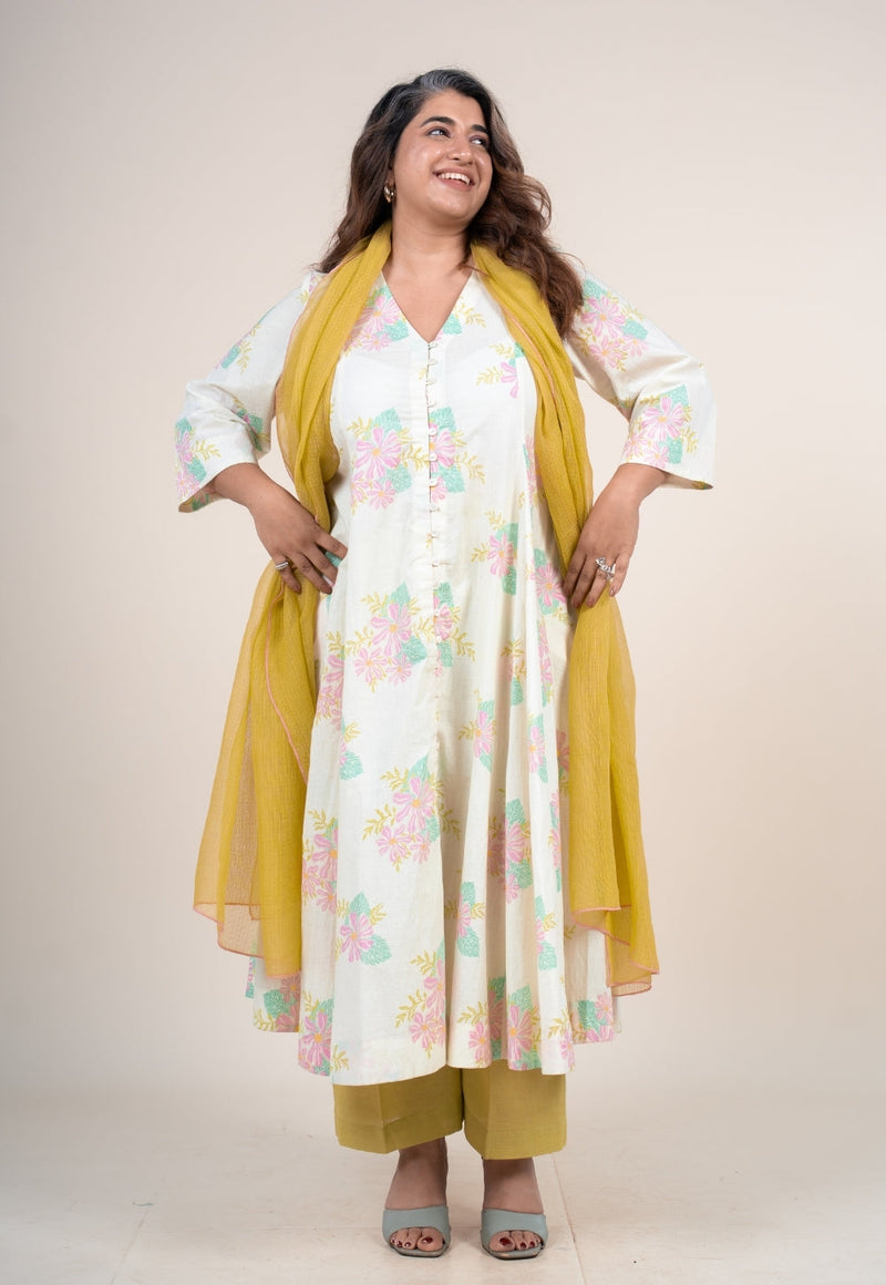 Raaya Off White Printed Cotton Kali Kurta