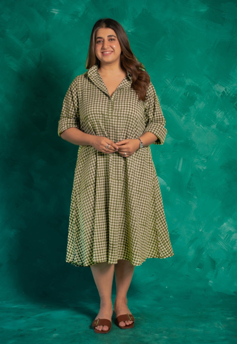Aveera Green Bagru Cotton A Line Dress with Slip