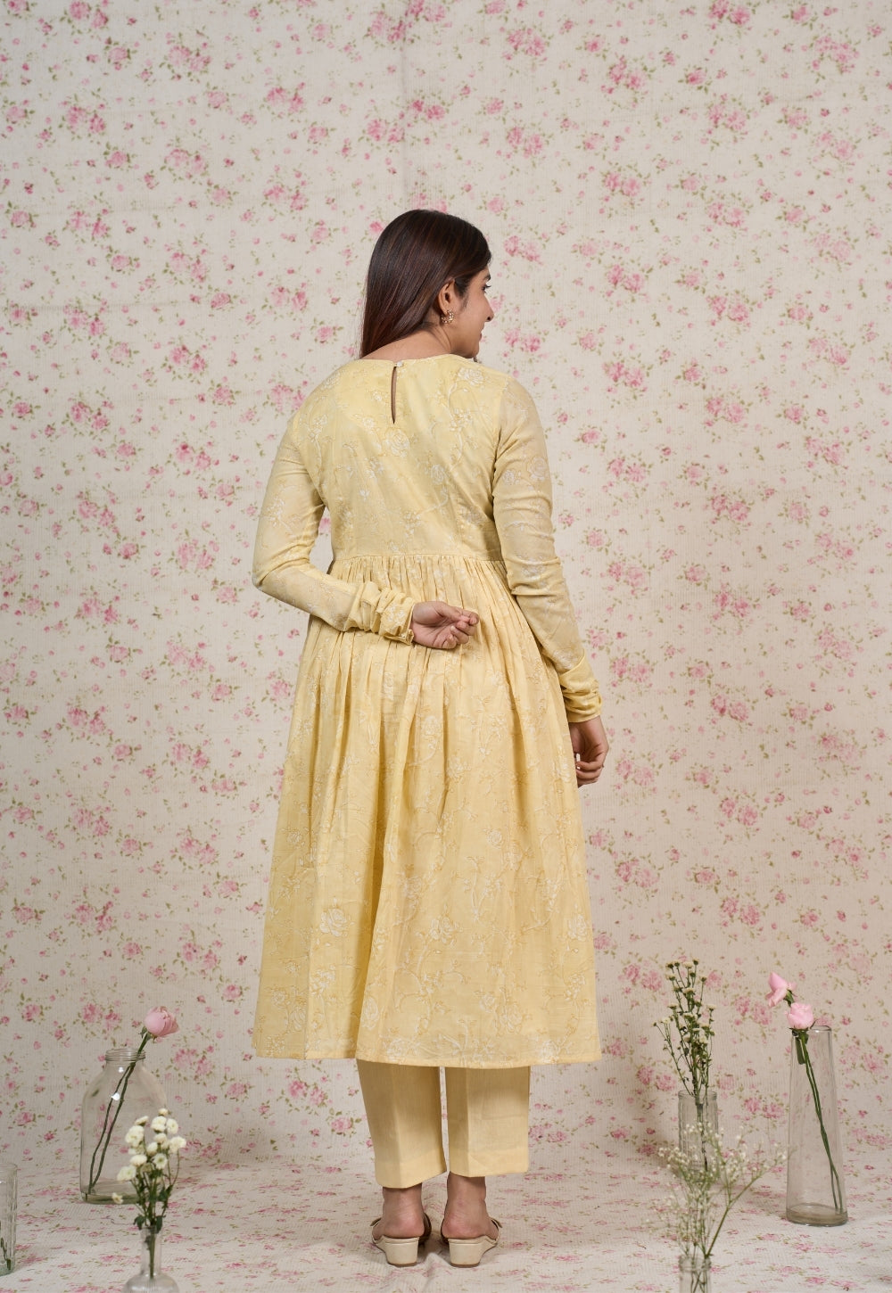 Amy Yellow Sanganeri Mul Cotton A Line Kurta