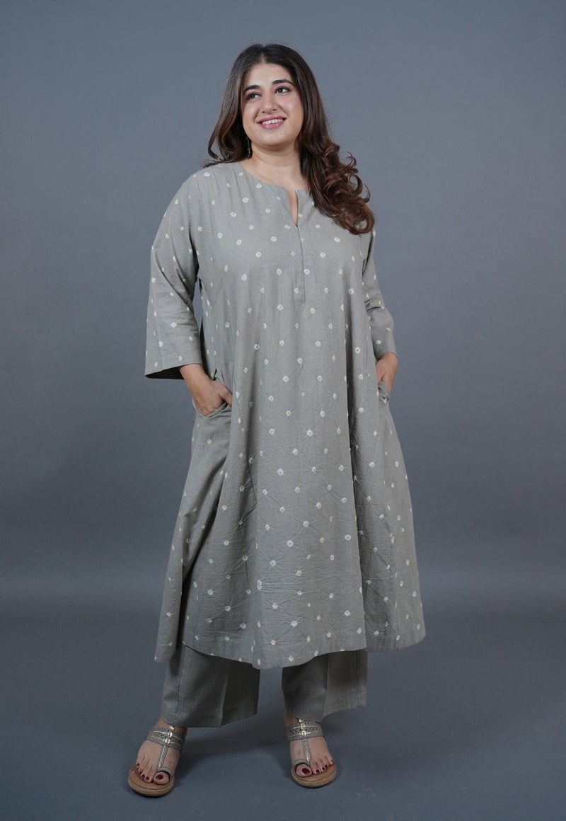 Atika Grey Bandhani Cotton Jhabbha Kali Kurta with Embroidery
