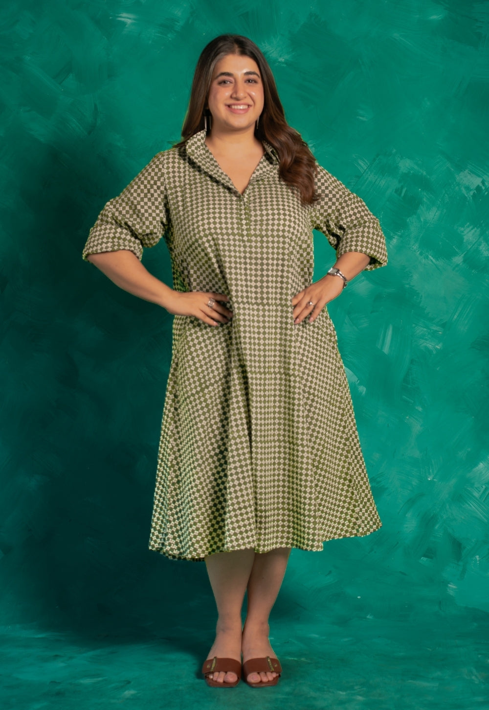 Aveera Green Bagru Cotton A Line Dress with Slip