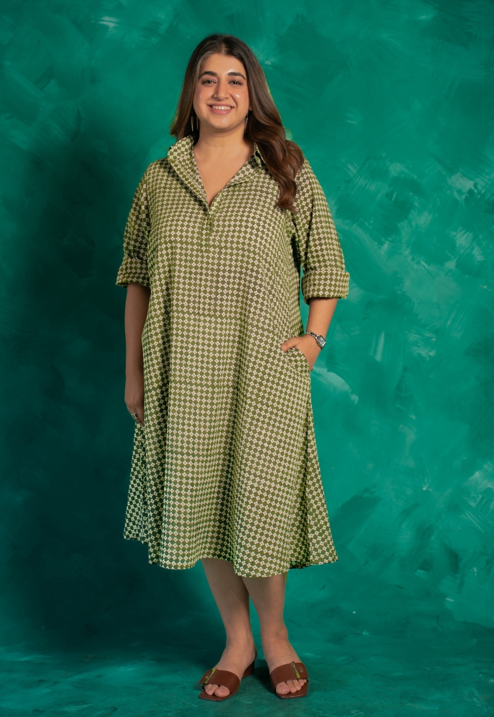 Aveera Green Bagru Cotton A Line Dress with Slip