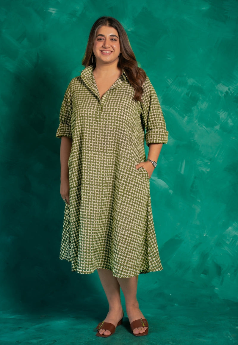 Aveera Green Bagru Cotton A Line Dress with Slip