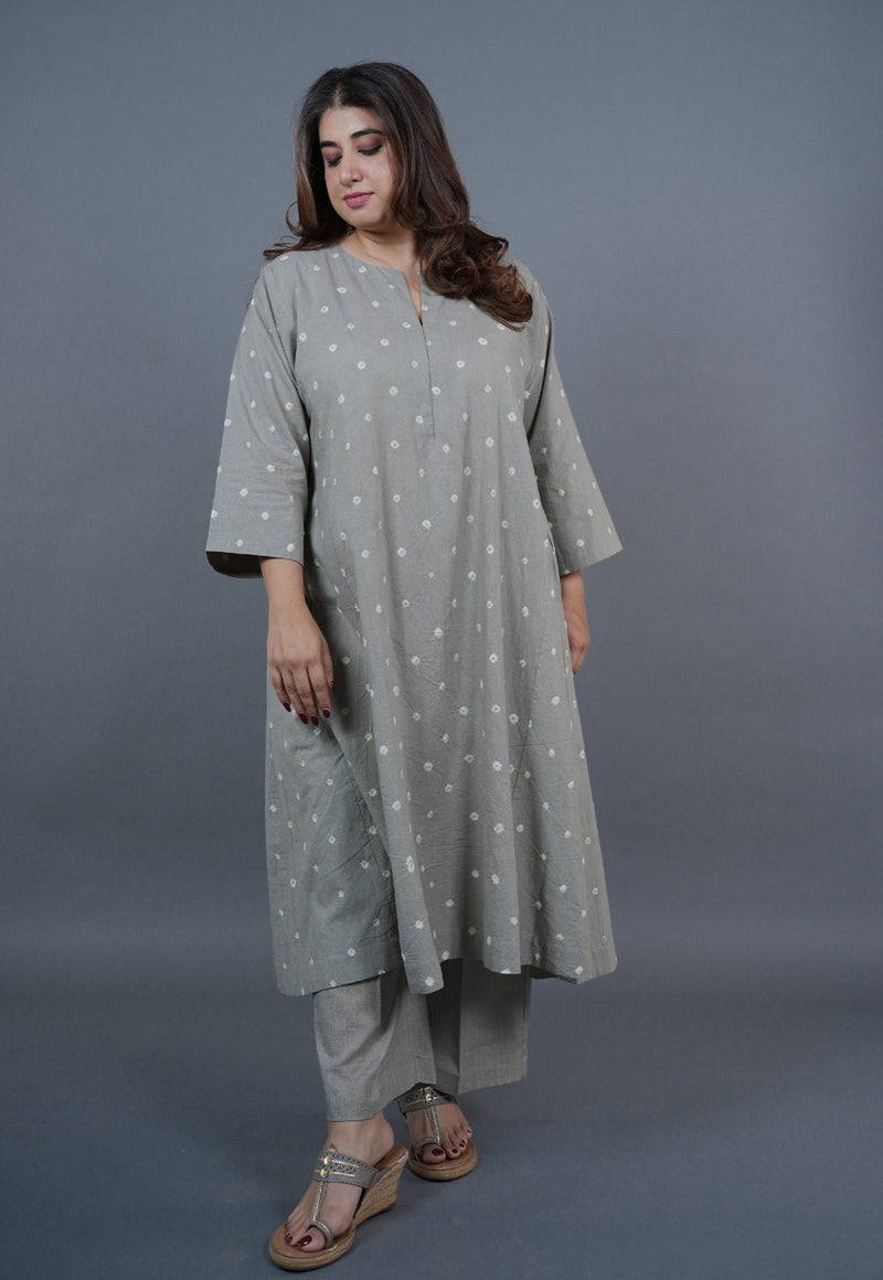 Atika Grey Bandhani Cotton Jhabbha Kali Kurta with Embroidery