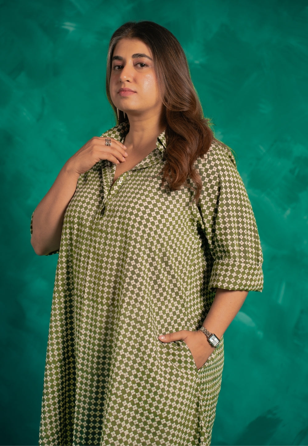 Aveera Green Bagru Cotton A Line Dress with Slip