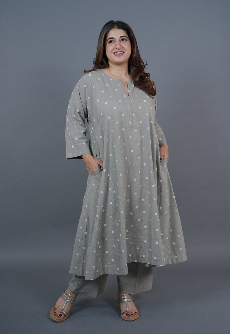 Atika Grey Bandhani Cotton Jhabbha Kali Kurta with Embroidery