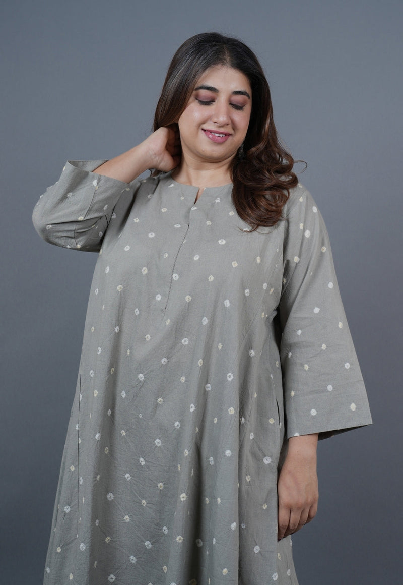 Atika Grey Bandhani Cotton Jhabbha Kali Kurta with Embroidery