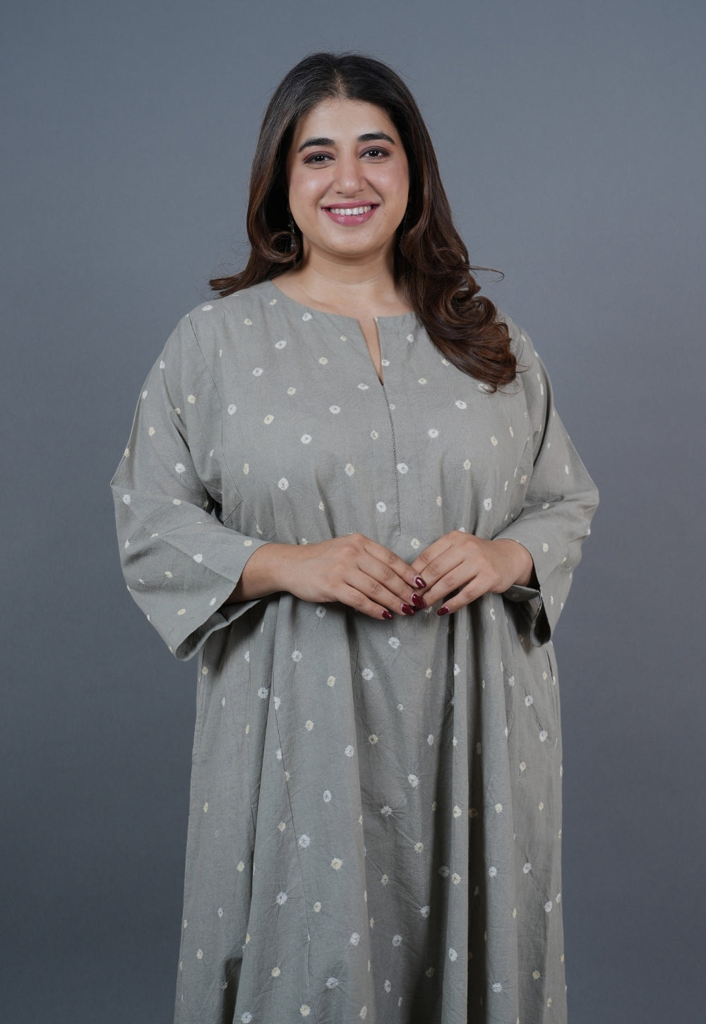 Atika Grey Bandhani Cotton Jhabbha Kali Kurta with Embroidery