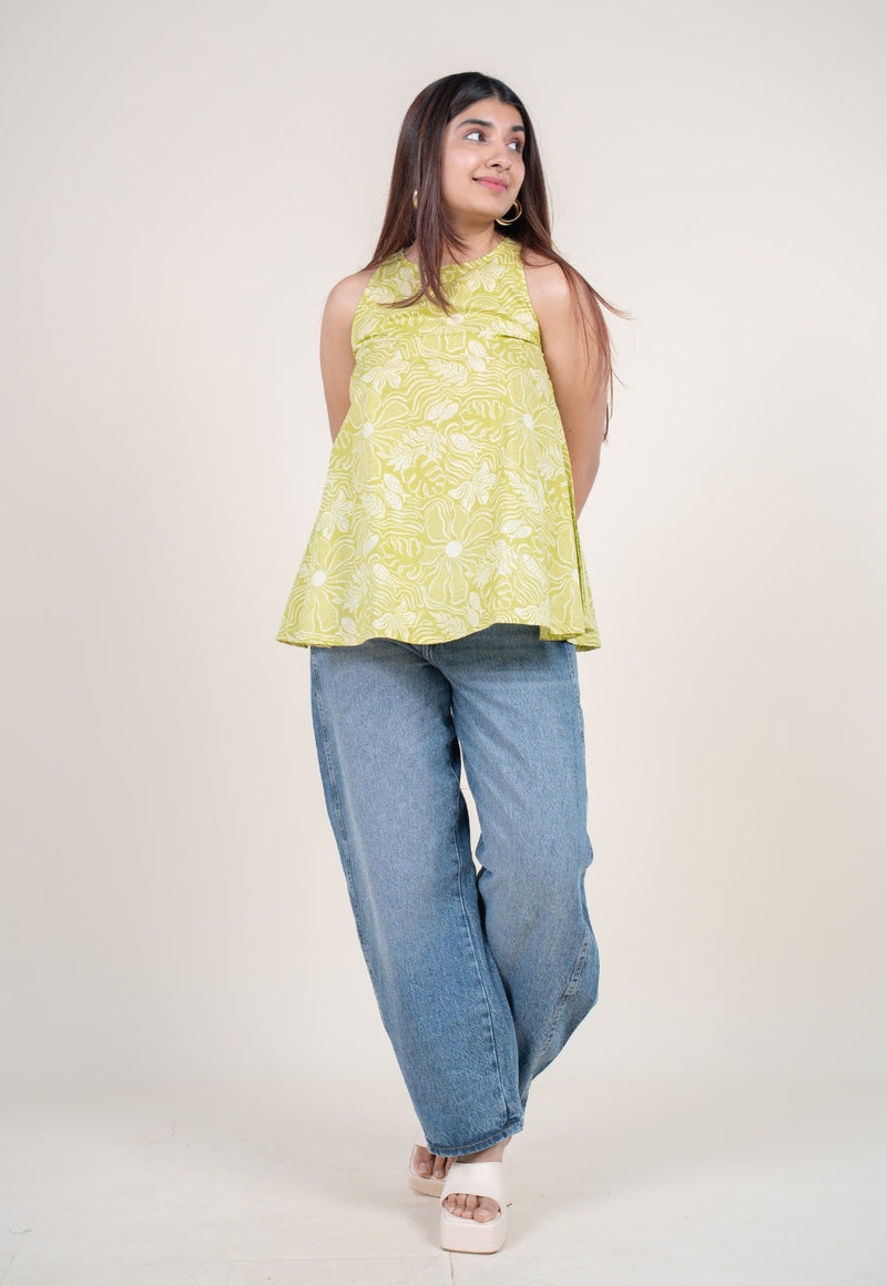 Parveen Lime Green Printed Cotton A Line Short Top