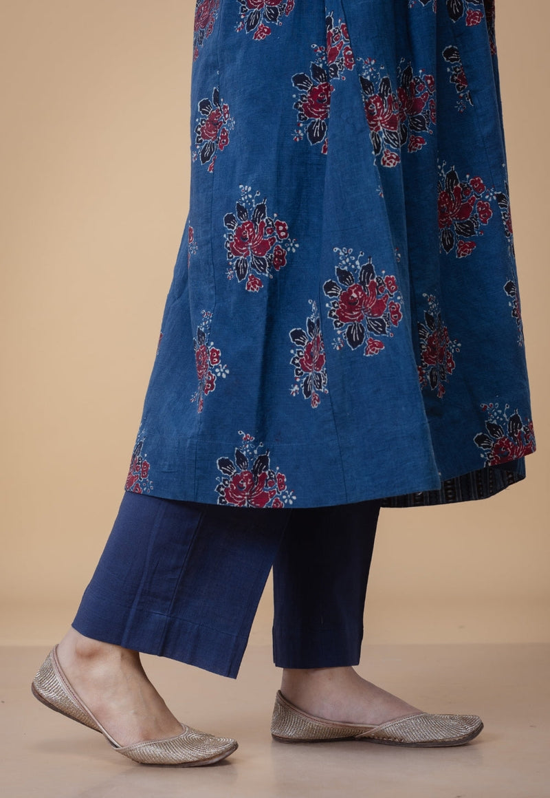Prita Blue Solid Slub Cotton Narrow Pant