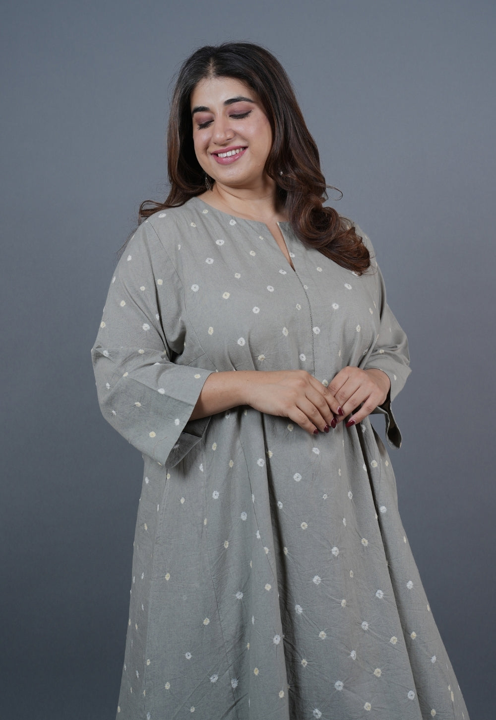 Atika Grey Bandhani Cotton Jhabbha Kali Kurta with Embroidery