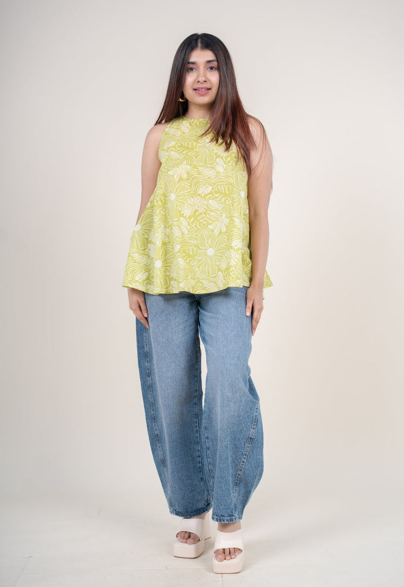 Parveen Lime Green Printed Cotton A Line Short Top
