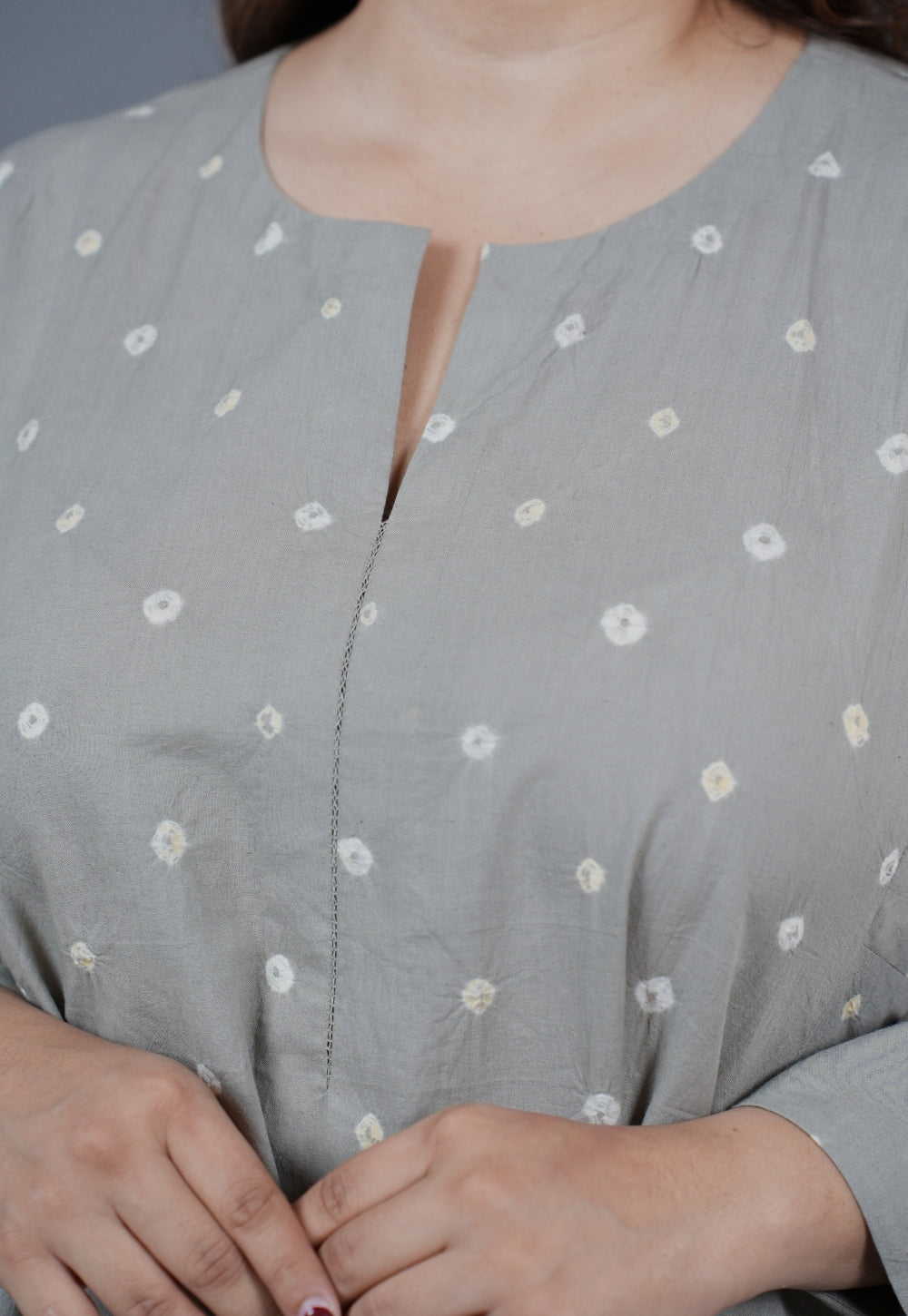 Atika Grey Bandhani Cotton Jhabbha Kali Kurta with Embroidery