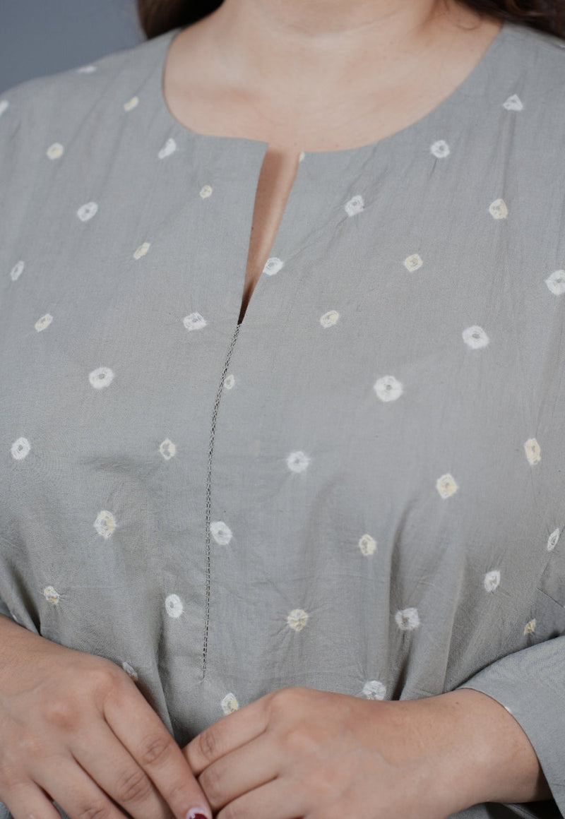 Atika Grey Bandhani Cotton Jhabbha Kali Kurta with Embroidery
