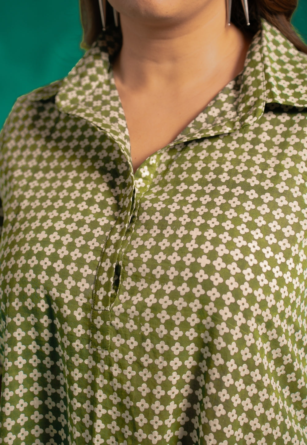 Aveera Green Bagru Cotton A Line Dress with Slip