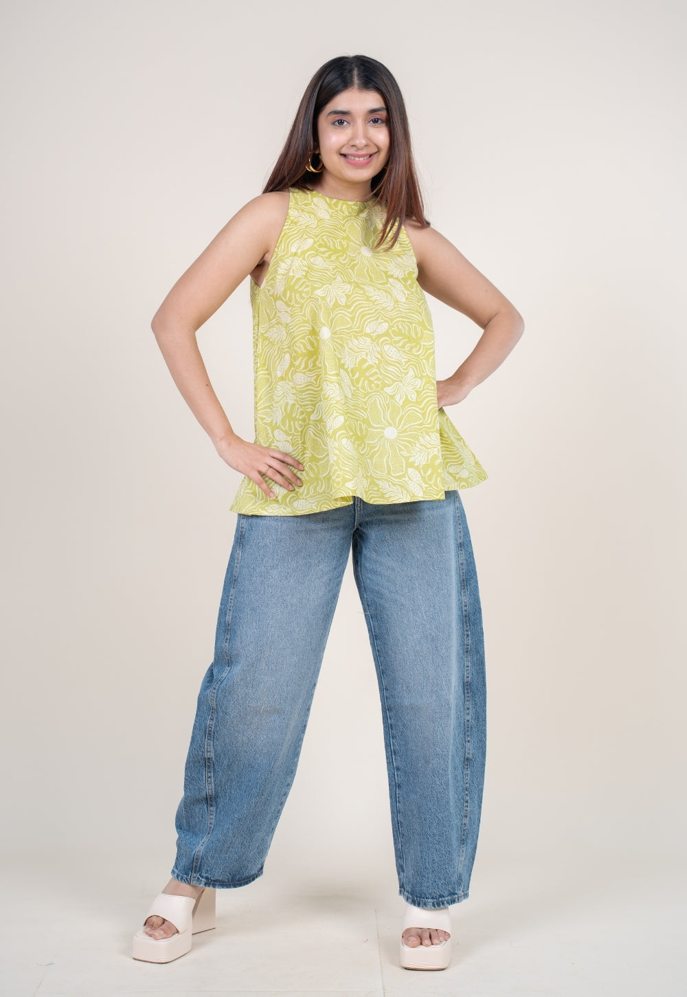 Parveen Lime Green Printed Cotton A Line Short Top