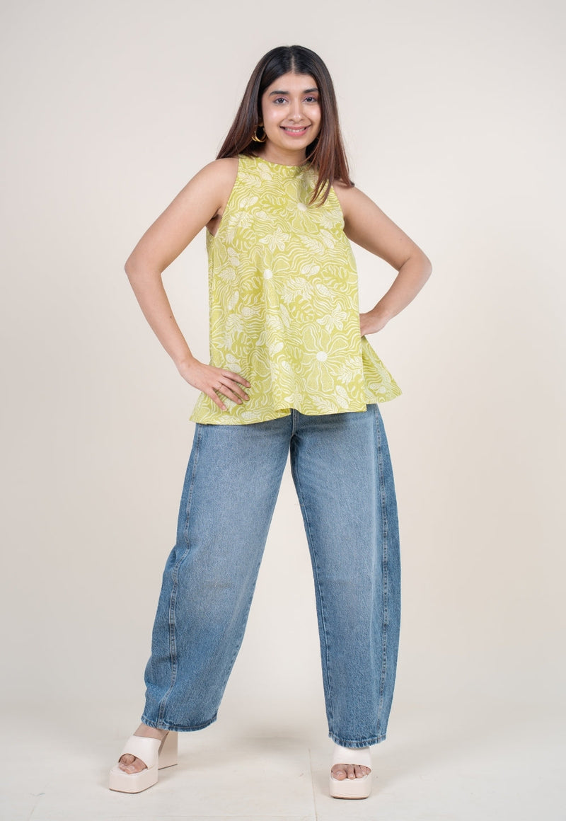 Parveen Lime Green Printed Cotton A Line Short Top