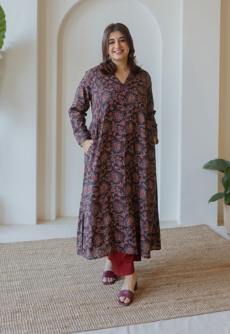 Kajal Brown Ajrakh Cotton Kali Kurta