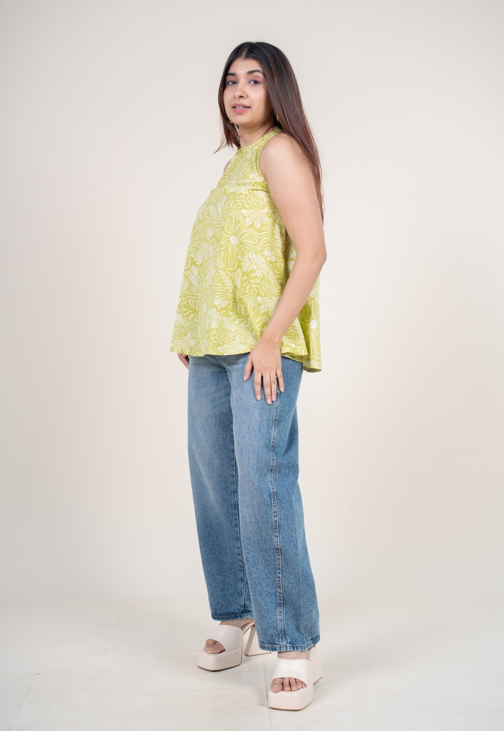 Parveen Lime Green Printed Cotton A Line Short Top
