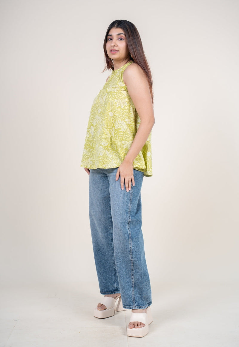 Parveen Lime Green Printed Cotton A Line Short Top