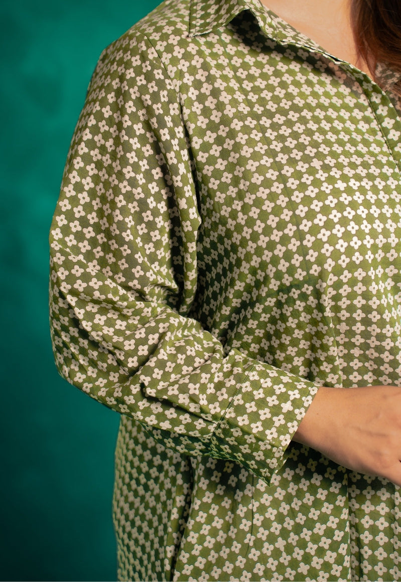 Aveera Green Bagru Cotton A Line Dress with Slip