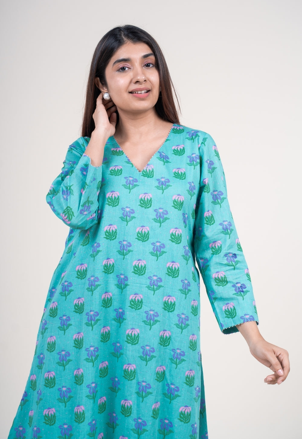 Reva Mint Green Printed Mul A Line Kurta with Hand Embroidery