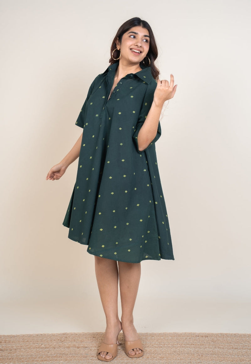 Srisha Green Dabu Cotton A Line Dress