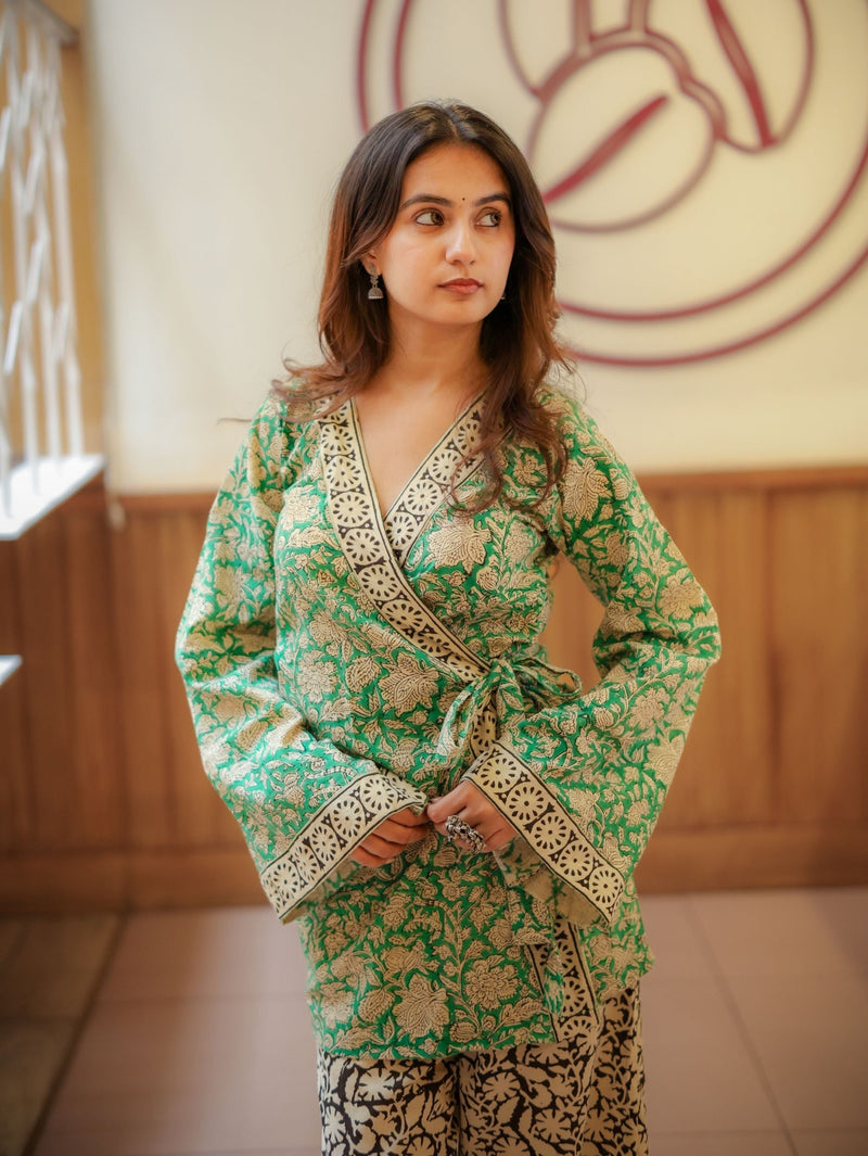Mint Pista Handblock Wrap Top & Palazzo Set for Women