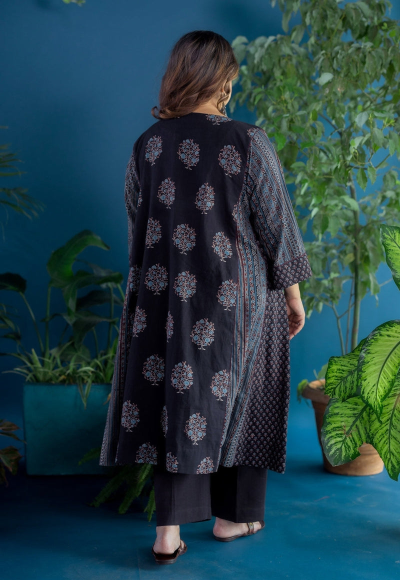 Garima Black Ajrakh Cotton Jhabbha Kali Kurta with Hand Embroidery