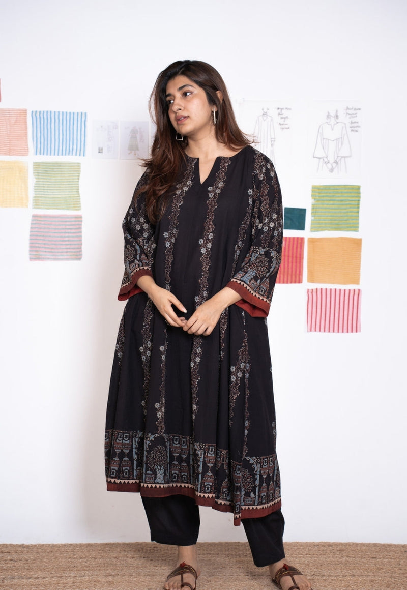 Prisha Black Ajrakh Cotton kali Kurta