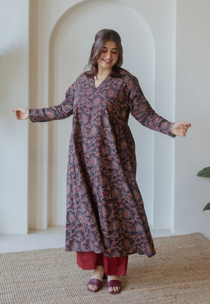 Kajal Brown Ajrakh Cotton Kali Kurta