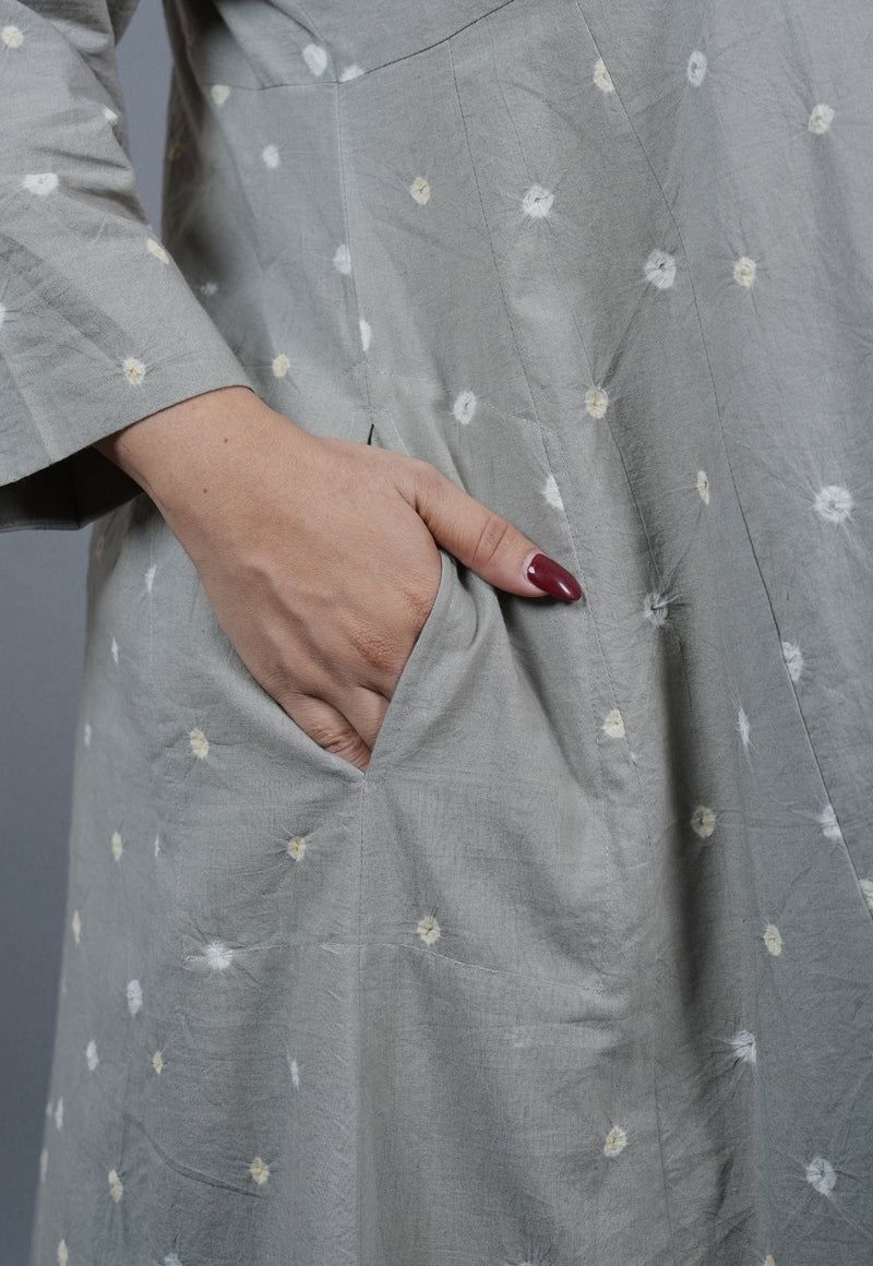 Atika Grey Bandhani Cotton Jhabbha Kali Kurta with Embroidery