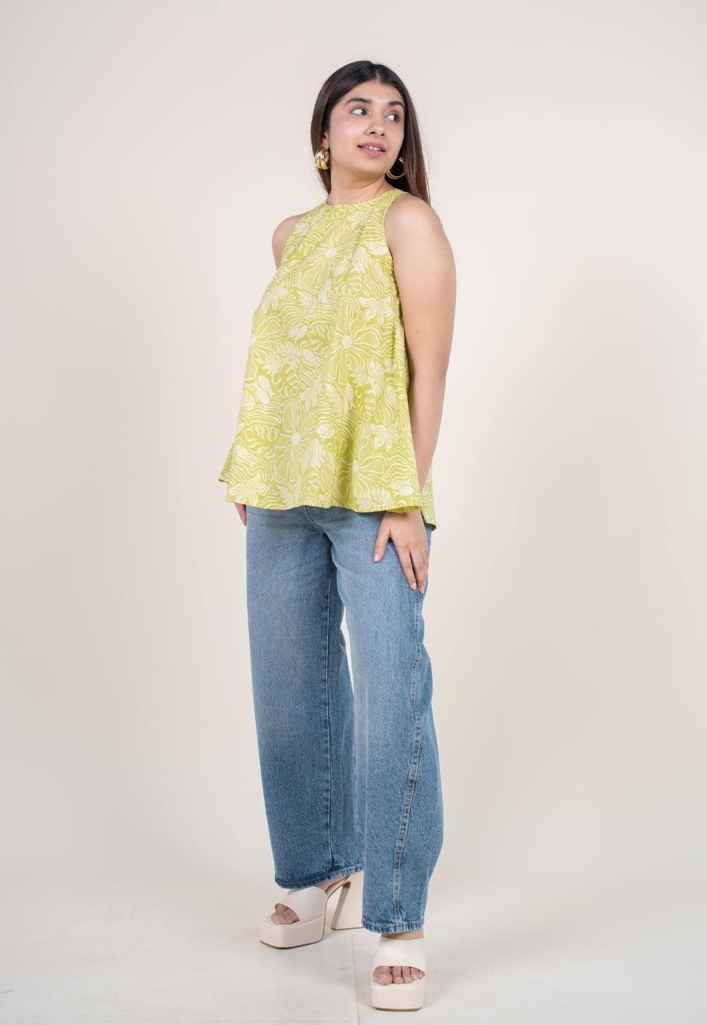 Parveen Lime Green Printed Cotton A Line Short Top