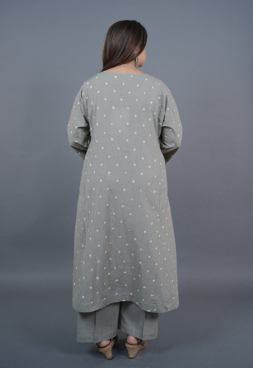 Atika Grey Bandhani Cotton Jhabbha Kali Kurta with Embroidery