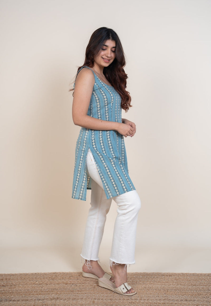 Nivya Blue Ajrakh Cotton Straight Short Top